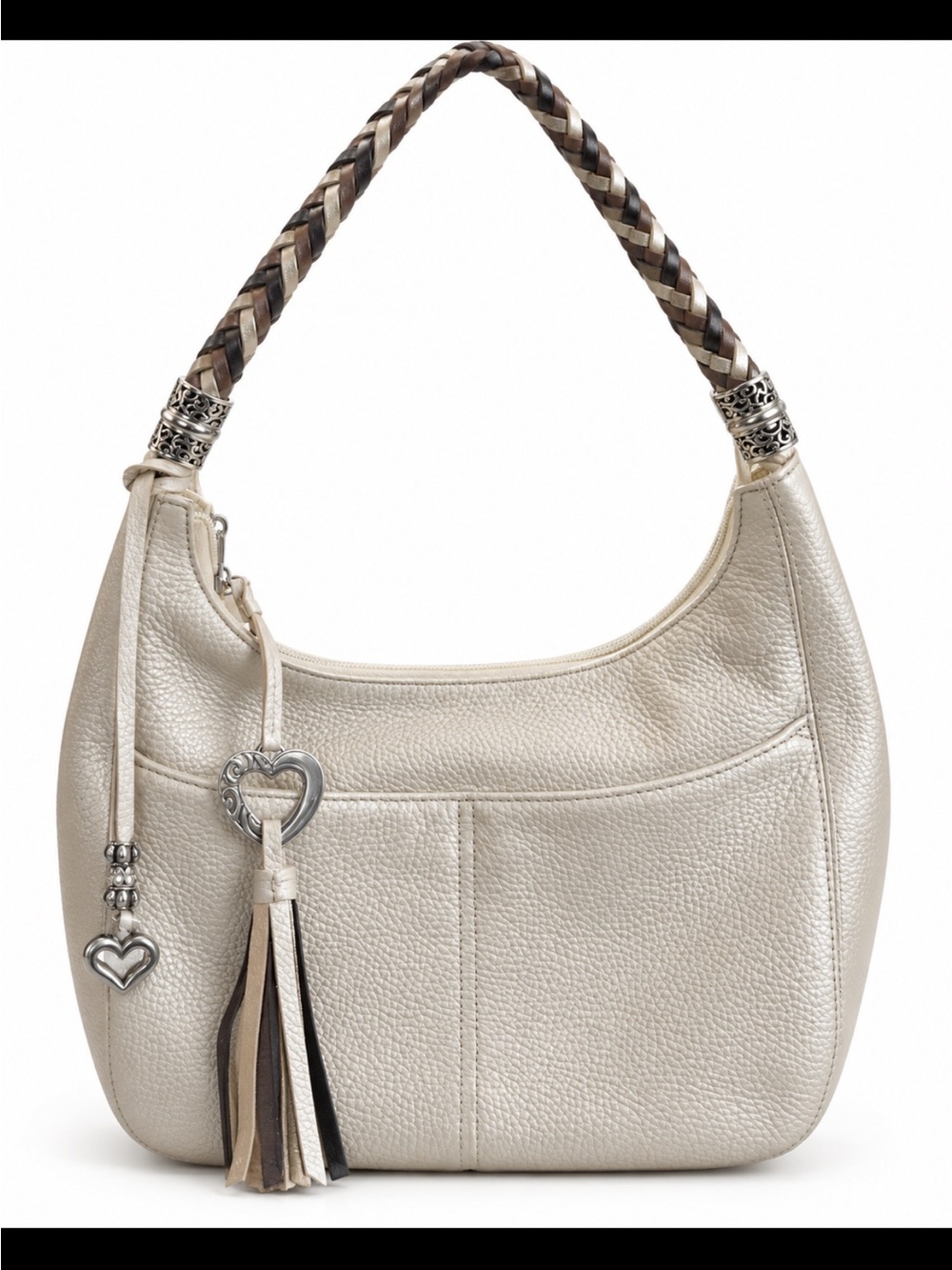 Brighton Metallic Pearl Leather Shoulder Bag with Braided Strap & Tassel